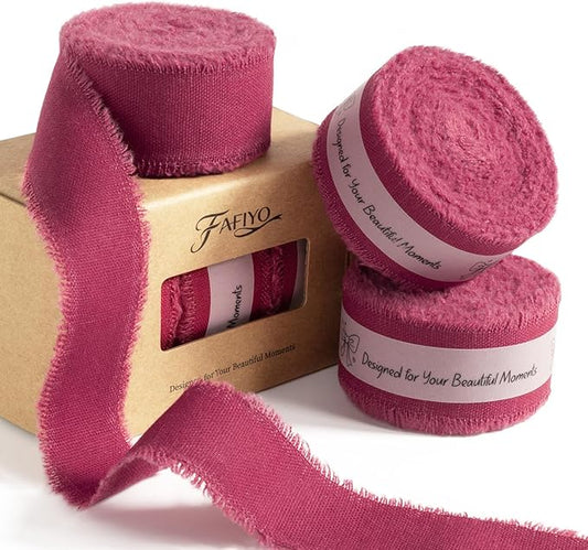 Burgundy Cotton Ribbon 1 Inch Burgundy 3 Rolls 21 Yards Frayed Edge Fabric Set for Wedding Decor, Bridal Bouquet Wrap, Anniversary Celebration, Gift Wrapping & Christmas Decor