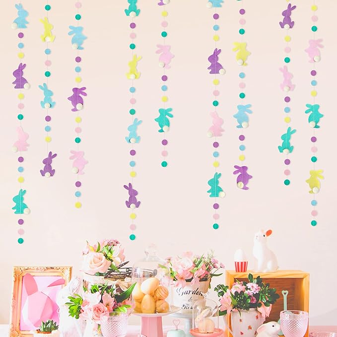 pinkblume Easter Party Decorations Pastel Easter Bunny Circle Dot Garland Streamer Hanging Felt Polka Dots Rabbit Easter Banner for Happy Easter Day Spring Birthday Tea Party Home Decorations Supplies