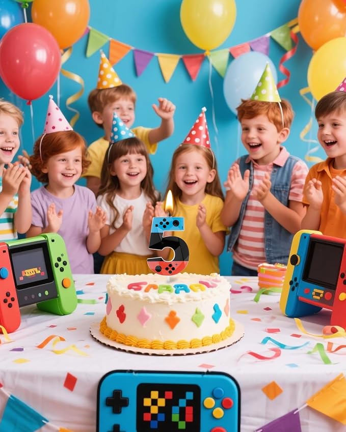 Number 5 Level Birthday Candles, 2.68 inch Gamer Candles, Red Blue Birthday Candles, Game Controller Gamepad Candles,Video Game Controller Themed Kids Boy Girl Party Supplies