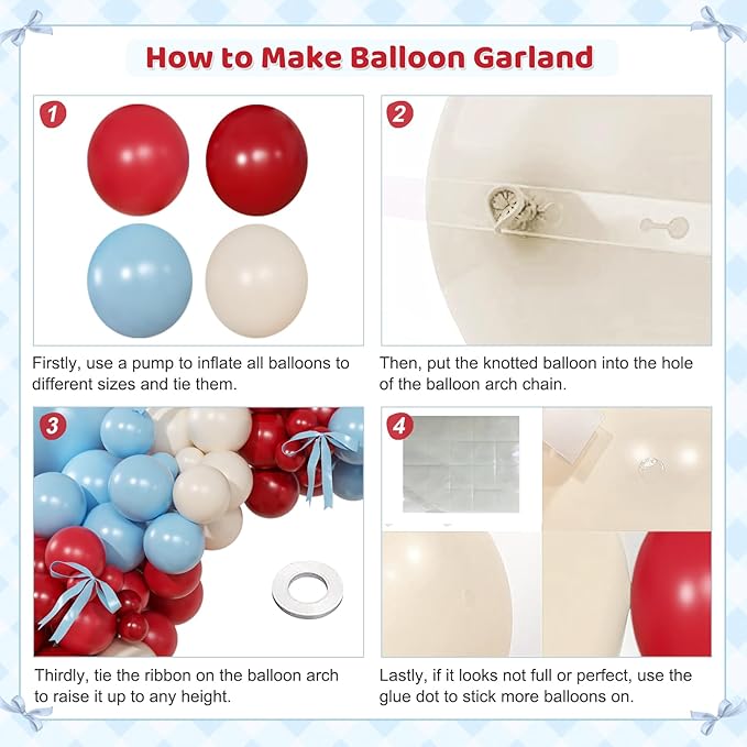 Red and Blue Balloon Arch Kit, Double Stuffed Red White and Blue Balloons with Bows for Cherry Birthday Baby Shower Bridal Shower Valentines Day Party Decorations