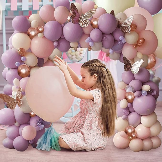 Pink and Purple Balloon Arch Kit, Butterfly Dusty Purple Pink Lavender Sand White Lilac Metallic Rose Gold Latex Balloons for Bridal Wedding Anniversary Engagement Birthday Party Decoration