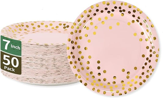 Pink & Gold Dots Party Paper Plates, 50 PCS Disposable Party Supplies Dessert Paper Plates for Birthday Wedding Bridal Shower Supplies (7 inches)