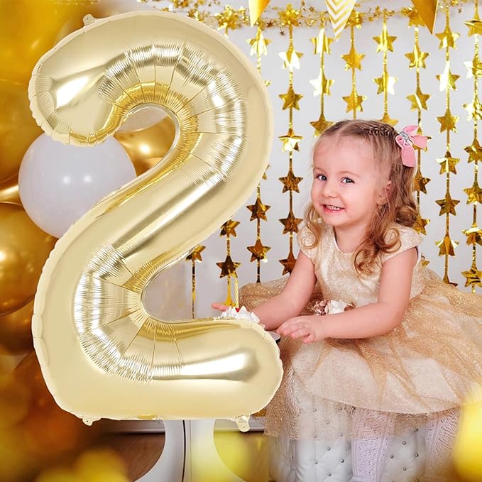 Champagne Gold Large Number 2 Balloon, 40 Inch Light Gold Foil Helium Number Balloons, Giant Mylar Number 2 Balloons for 2nd Years Old Birthday Party Anniversary Decorations