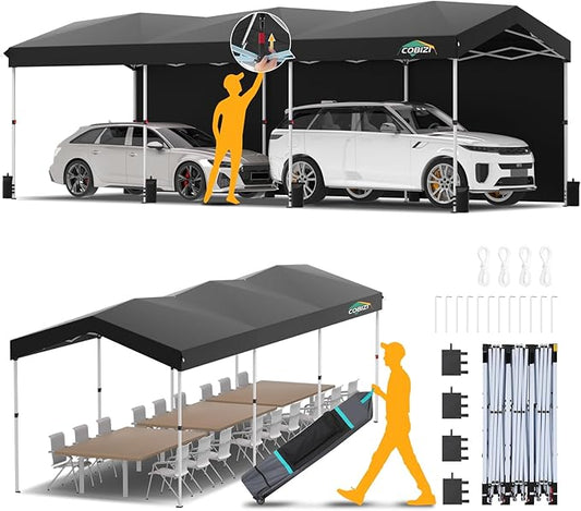 COBIZI 10x30 Pop Up Canopy with One Button Push Center Lock,Ez Up Portable Carport with 3 sidewalls,Waterproof UV50+ Outdoor Party Commercial Carport Canopy Gazebos with Roller Bag(10 x 30 ft Black)