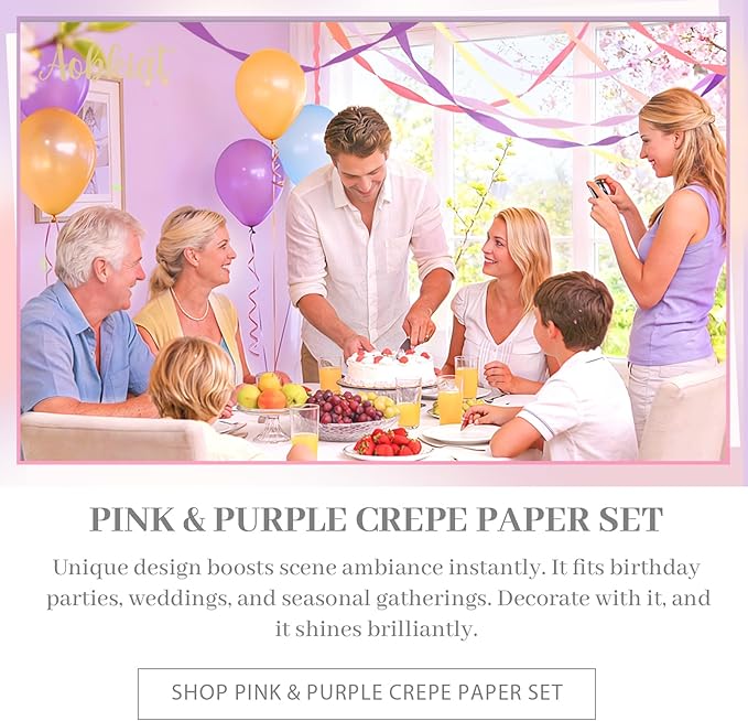 AOBKIAT Purple Pink Streamers Party Decorations,5 Rolls Colorful Crepe Paper Streamers for Birthday Baby Shower Wedding Princess Butterfly Fairy Theme Party,DIY Tassel,1.8 Inch x 82 Ft/Roll
