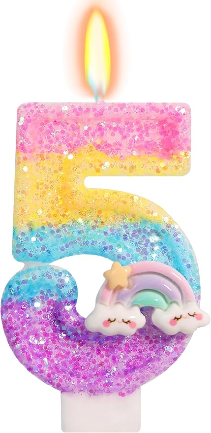 Rainbow Candles for Cakes, Number 5 Candle Rainbow Cake Topper for 5th Birthday Decorations Girl