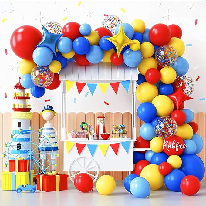 RUBFAC Carnival Circus Balloon Kit, Red Yellow and Blue Primary Balloons 12in with Rainbow Confetti Balloons for Birthday Party Carnival Theme Back to School Party Decorations, 65pcs