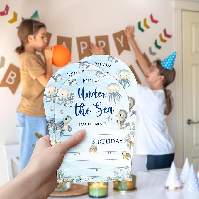 Under The Sea Birthday Party Invitations, Ocean Animals Birthday Invitations for Boys Girls, 20 Fill-In Invitation Cards with Envelopes, Under the Sea Party Decorations (arch)
