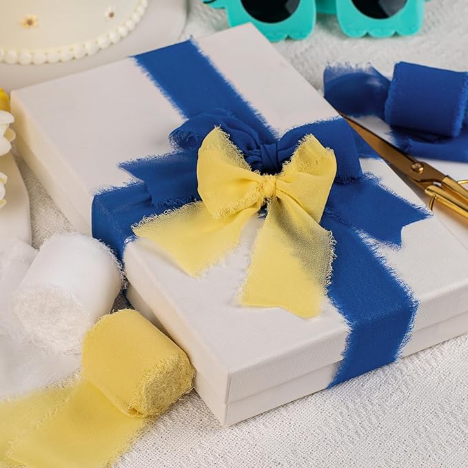 Chiffon Ribbon, Blue Yellow White Silk Ribbon, 1-1/2''x21Yd Handmade Frayed Fringe Ribbon for Wrapping, Floral Vase Decor, Graduation, Birthday, New Year Party Decoration, Shower, 3 Rolls