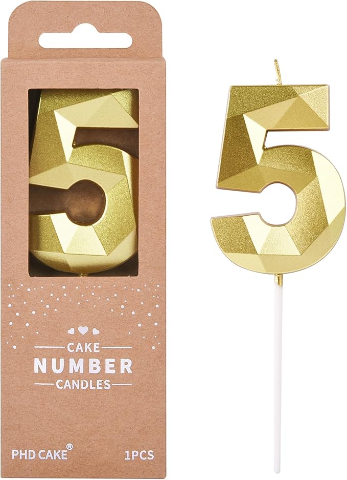 PHD CAKE 2.76 Inch Crystal Gold 5 Number Birthday Candles, Gold Cake Candles for Party Celebration