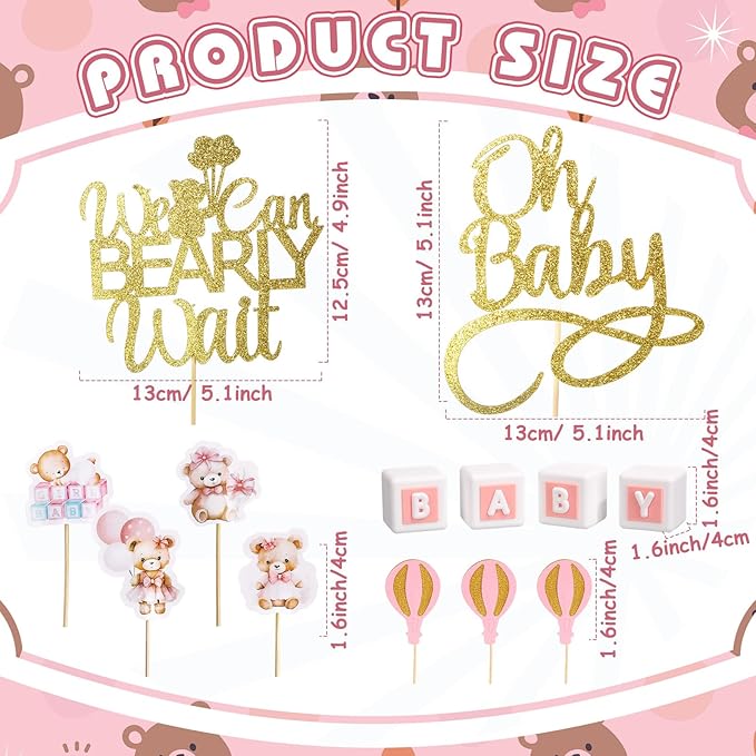 Beeveer 42 Pcs Bear Cake Toppers Bear Balls Cake Decorations Baby Shower Cupcake Toppers Candle Decorations Supplies for Birthday Party Wedding Baby Shower(Pink)