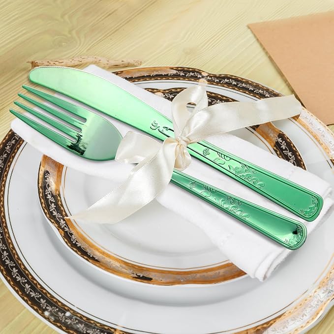 180 Pack Disposable Green Plastic Silverware Contain 60 Forks,60 Spoons,60 Knives, Solid and Durable Plastic Cutlery Utensils Set Perfect for Parties,weddings.
