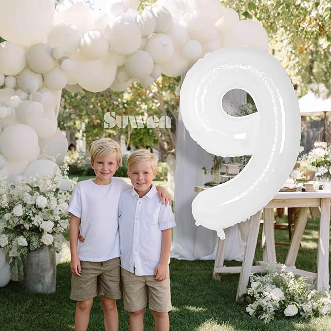 SUWEN 40 Inch White Large 9 Balloon Number Big Foil Helium Number Balloons 0-9 Giant Jumbo Happy 9th Birthday Party Decorations for Boy or Girl Huge Mylar Anniversary Party Supplies