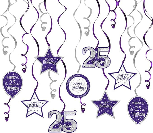 Happy 25th Birthday Purple & Silver Glitter Swirls Streamers Party Decorations - 15 Pcs 25th Birthday Hanging Swirls Streamers Kit,Perfect for 25th Bday Party Sign.
