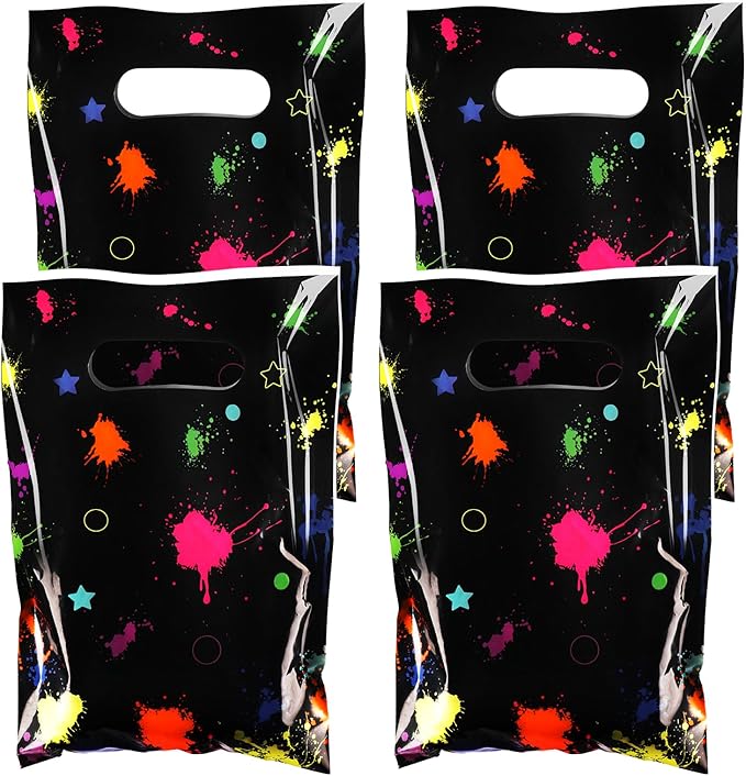 Hxezoc 50 Pieces Neon Candy Bags Glow in The Dark Goodie Bag Plastic Colorful Treat Bags Neon Gift Wrap with Handles Favor Bags For 80's 90's Birthday Party Decoration Supplies