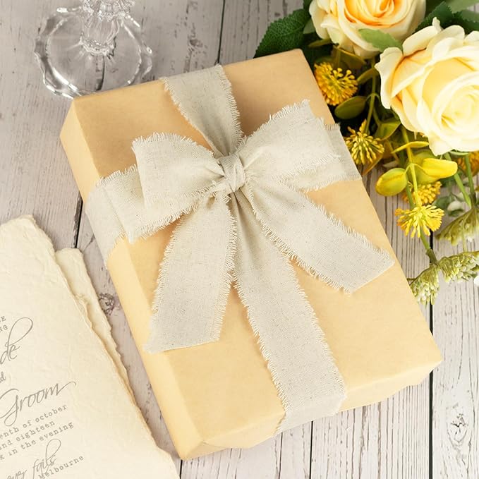 Linen Cotton Ribbon 1-1/2 Inch Linen 3 Rolls 21 Yards Frayed Edge Fabric Set for Rustic Wedding Decor, Bridal Bouquet Wrap, Farmhouse Decor, Table Setting & Gift Wrapping