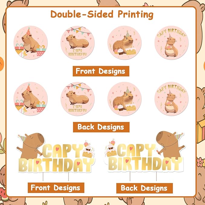 Cheereveal 25Pcs Capybara Happy Birthday Cake Decorations Pink, Cute Cartoon Capybara Cupcake Toppers, Capy Animal Theme Birthday Baby Shower Party Supplies