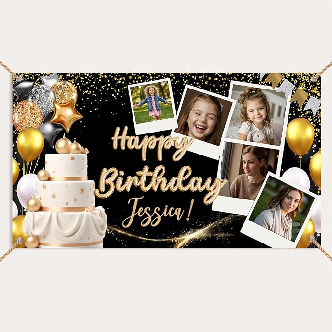 Customized Birthday Banner Personalized with Pictures and Name, Happy Birthday Party Decorations for Husband or Men, Unique Celebration Backdrop Banner for Event