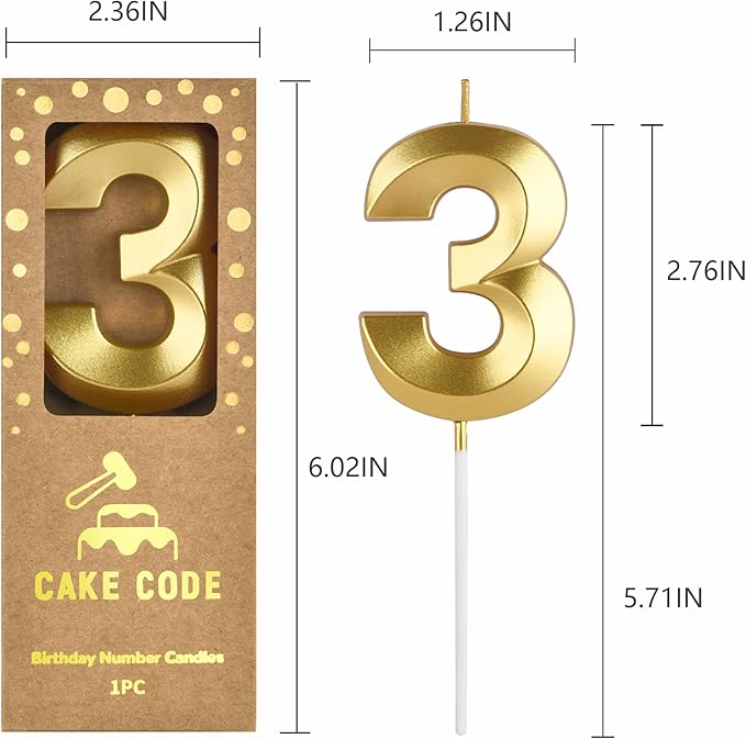 2.76 Inch Diamond Gold 3 Number Birthday Candles, Gold Number Candles, Cake Number Candles, Party Celebration
