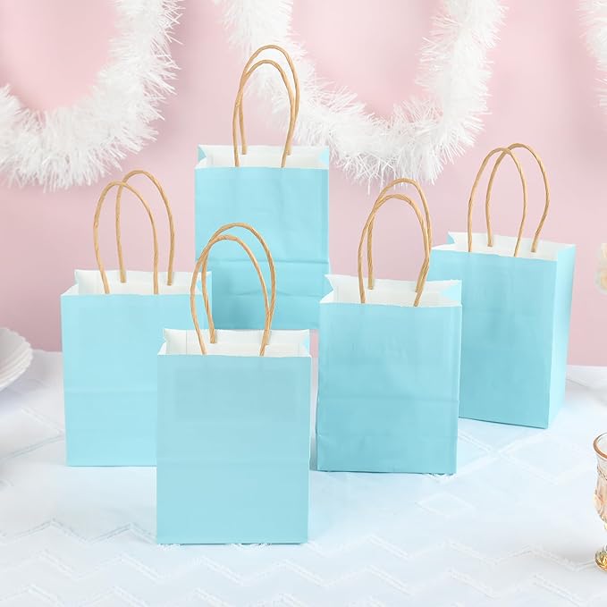 DjinnGlory 60 Pack Tiny Mini Small Blue Paper Gift Bags with Handles 6.3 x 4.7 x 2.75 Inch for Birthday Wedding Baby Shower Party Favors Goodies, Business Merchandise Shopping Kraft Bags