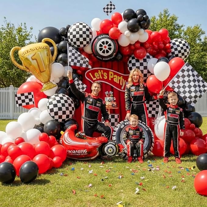 Race Car Balloons Arch Kit -Trophy, Flags, Cars, Tire, Checkered, Wheels and Red Black White Balloon Garland Kit for Racing Car Theme Two Fast 2nd One Theme 1st Boy Birthday Party Decorations
