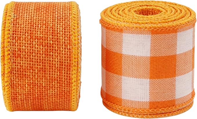 Meseey 1.5 Inch Fall Burlap Wired Ribbon Set, 2 Rolls Total 10 Yards Solid Orange & Orange White Buffalo Check Wired Edge Ribbon for Wreaths, Bows, Gift Wrapping, Thanksgiving & Halloween Decor