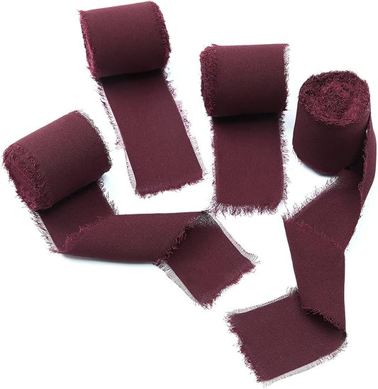 4 Rolls Burgundy Handmade Fringe Chiffon Silk Ribbon 1.5" W x 5Yd Per Roll,Frayed Edges Ribbon Set for Gifts Wrapping,Wedding Invitations,Bouquets,DIY Crafts (1.5" x20Yd, Burgundy)