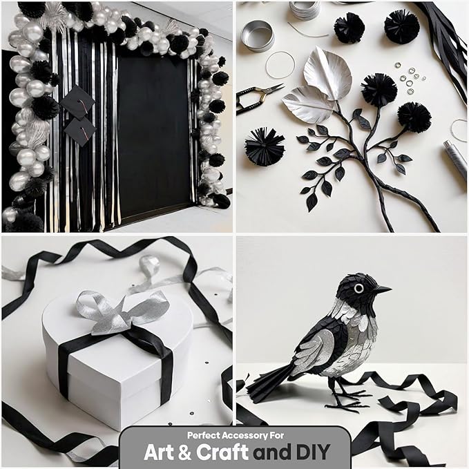 6 Crepe Paper Streamers Rolls, 492ft Pack of Silver and Black Streamers for Party Decorations, Birthday Streamers, Party Streamers (1.8 inch x 82 ft/Roll)