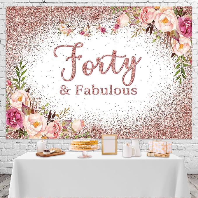 Mocsicka Forty and Fabulous Backdrop Rose Gold Floral 40th Birthday Party Photo Backdrops Happy Forty 40th Birthday Party Decorations Photography Background (6x4ft, 40th)