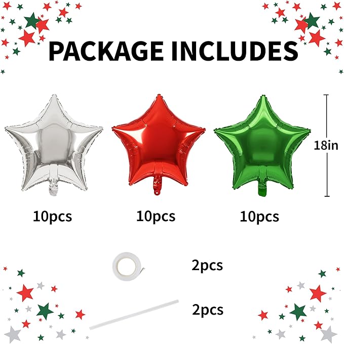 TONIFUL 30Pcs 18 Inch Large Red Green Silver Star Shape Foil Balloons Big Stars Helium Mylar Ballons for Halloween Chrismas Birthday Wedding Baby Shower Anniversary Engagement Party