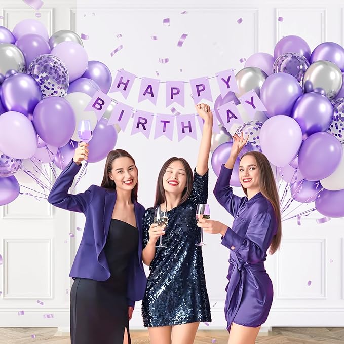 60pcs Purple and Silver Balloons 12inch with Pearl Purple White Metallic Silver Confetti Balloons for Wedding Bridal Baby Shower Birthday Party Decorations