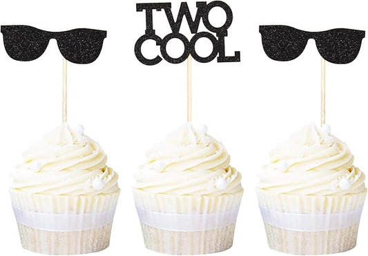 Ercadio 24 Pack Two Cool Glasses Cupcake Toppers Black Glitter 2nd Birthday Cupcake Picks Baby Shower Kids Second Birthday Party Cake Decorations