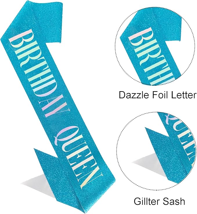 Birthday Queen Sash, Dazzle Foil Letter Glitter Teal Blue Birthday Sash for Women Girl 21st 30th 40th 50th 60th Gifts Funny Bday Gifts Party Favors Photo Prop