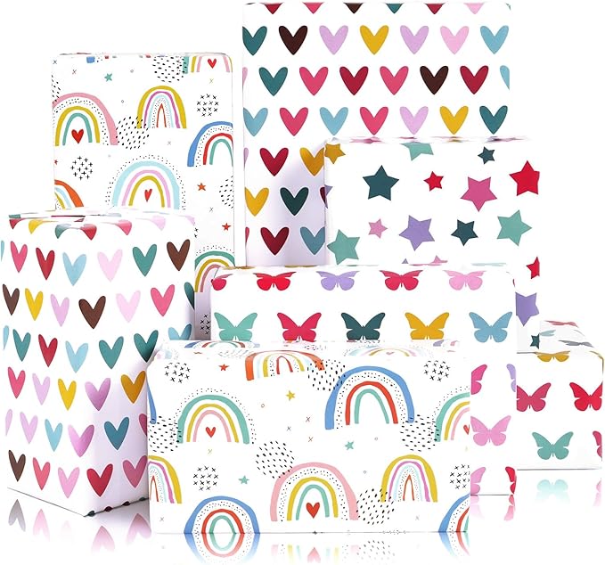Gift Wrapping Paper, 6 Sheets Colorful Birthday Wrapping Paper for Baby Girls Women, Folded Flat Gift Wrapping Paper with Rainbow Heart Star Butterfly Designs for Birthday Baby Shower Wedding, 20×28In