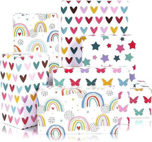 Gift Wrapping Paper, 6 Sheets Colorful Birthday Wrapping Paper for Baby Girls Women, Folded Flat Gift Wrapping Paper with Rainbow Heart Star Butterfly Designs for Birthday Baby Shower Wedding, 20×28In