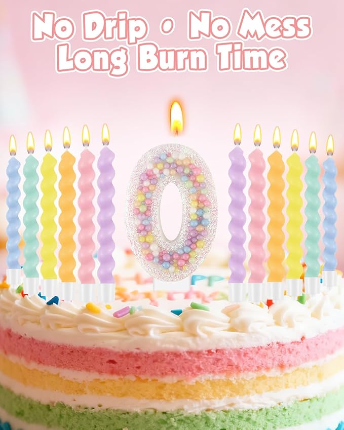 Birthday Candles for Cake, Pink Number Candles, Cake Candles with Greeting Card for Birthday Party Wedding Anniversary Celebrations（0 Candle,White Number Macaron）