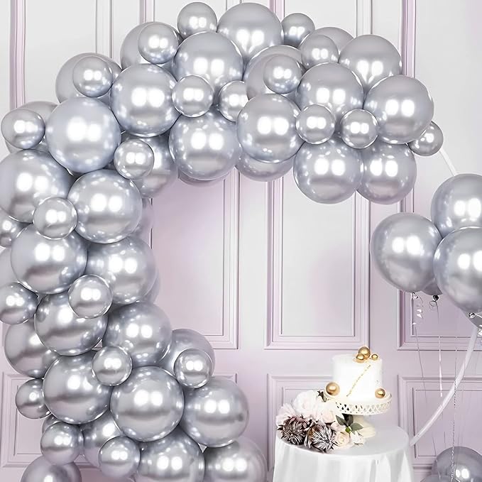Voircoloria 105pcs Metallic Silver Balloons 12inch Party Latex Balloons for Birthday Graduation Baby Shower Wedding Anniversary New Year Party Decorations