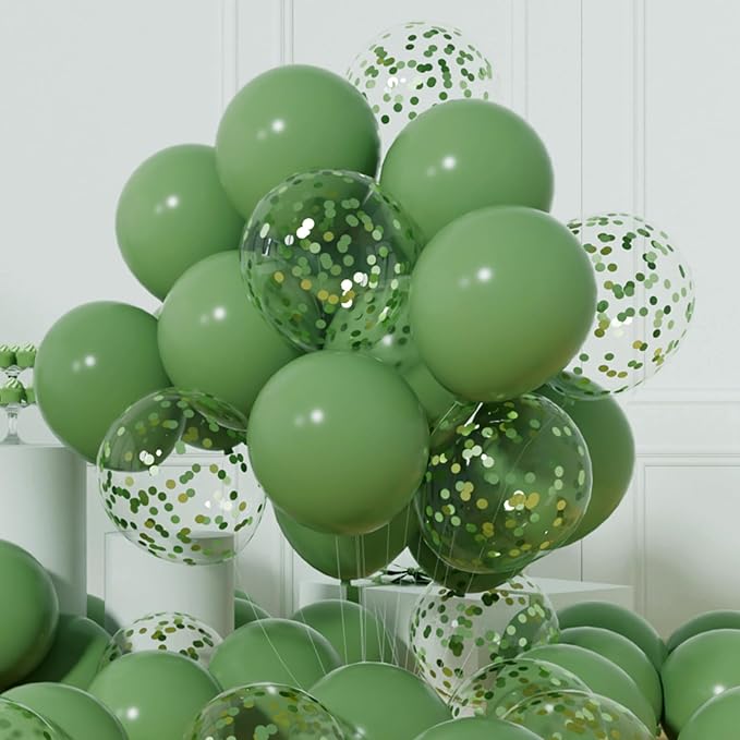AULE Party Balloons Pack of 42-12in Sage Green Confetti Balloons & Sage Green Latex Balloons and 64ft Ribbons-12 Inches Balloons Decorations set