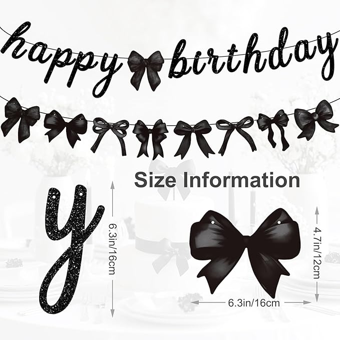 Black Bow Happy Birthday Banner Garland and Hanging Swirls for Girl Black Bow Coquette Birthday Party Decorations