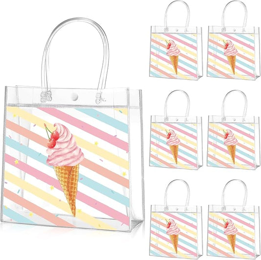 Aliceset 20 Pcs Ice Cream Party Favor Bags with Handles Clear Plastic PVC Summer Goody Bags Ice Cream Theme Birthday Party Baby Shower Supplies Sweet Candy Decorations 8x8x3.15 Inch