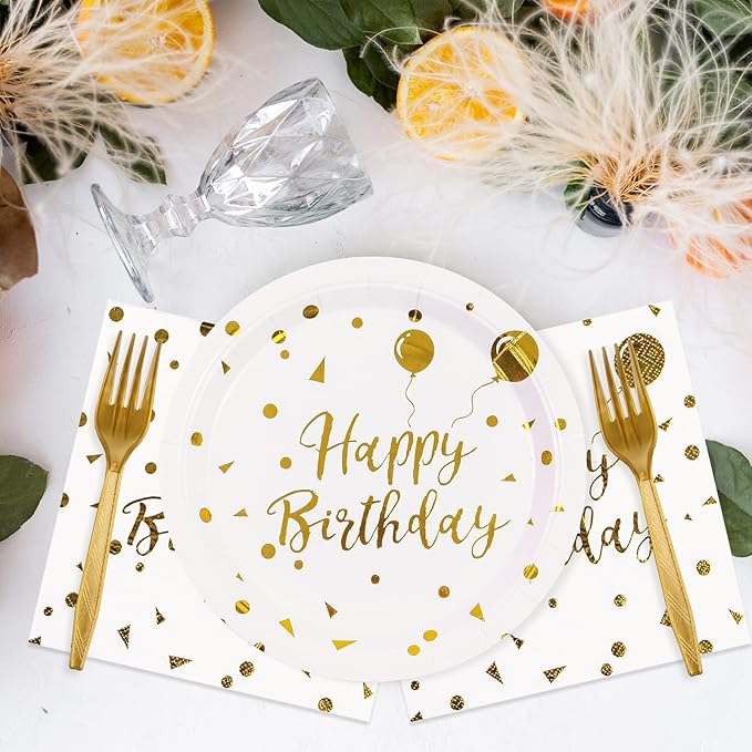 48PCS Happy Birthday Plates and Napkins Party Supplies, White and Gold Disposable Paper Plates and Napkins with Forks Tableware Set for Birthday Party Decorations 16 Guests