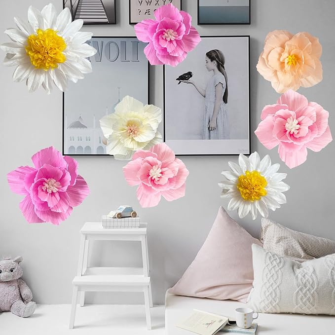ANSOMO Pink Daisy Tissue Paper Pom Poms Party Decorations Flowers Wall Hanging 1st Birthday Bridal Baby Shower Wedding Classroom Décor Girls