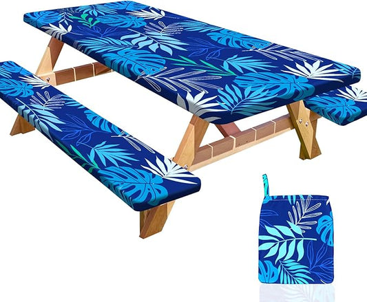 Picnic Table Cover with Bench Covers Portable Table Cloth Built-in Storage Pocket Fitted Tablecloth with Elastic Edges Waterproof Camping Essentials for Indoor Outdoor Rv,72in,Deep Blue