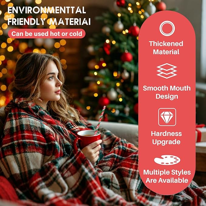 Haundry 100 Christmas Paper Straws, 8 Styles Red Green White Gold Biodegradable Party Drinking Straws with Stripe, Wave, Christmas Tree Snowflake Design Decorations Supplies (color-100)