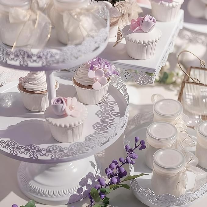 TOPZEA Set of 4 Cake Stands, White Metal Dessert Treat Table Display Stand Set Cupcake Cake Pop Holder, Pastries Tiered Serving Tower Candy Fruit Plate Tray for Wedding, Baby Shower, Buffet