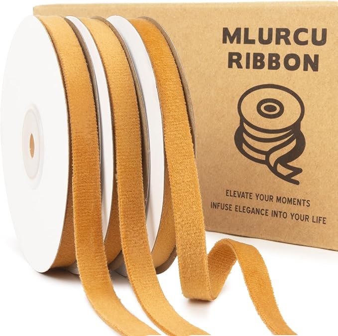 Khaki Velvet Ribbon 3/8 Inch x 21Yd Vintage Gold Thin Velvet Ribbon Double Faced Ribbons Set for Christmas Tree Ornaments Gift Wrapping Wedding Decoration Wreath & Hair Bows Making