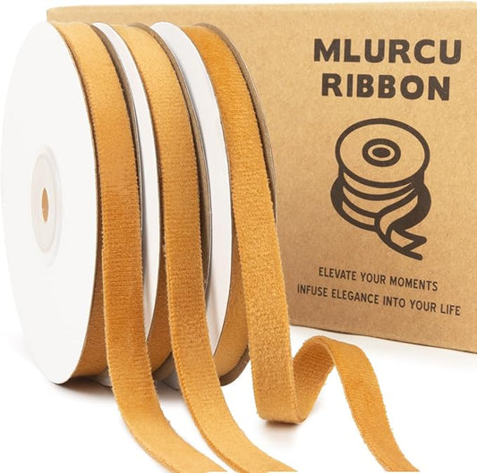 Khaki Velvet Ribbon 3/8 Inch x 21Yd Vintage Gold Thin Velvet Ribbon Double Faced Ribbons Set for Christmas Tree Ornaments Gift Wrapping Wedding Decoration Wreath & Hair Bows Making
