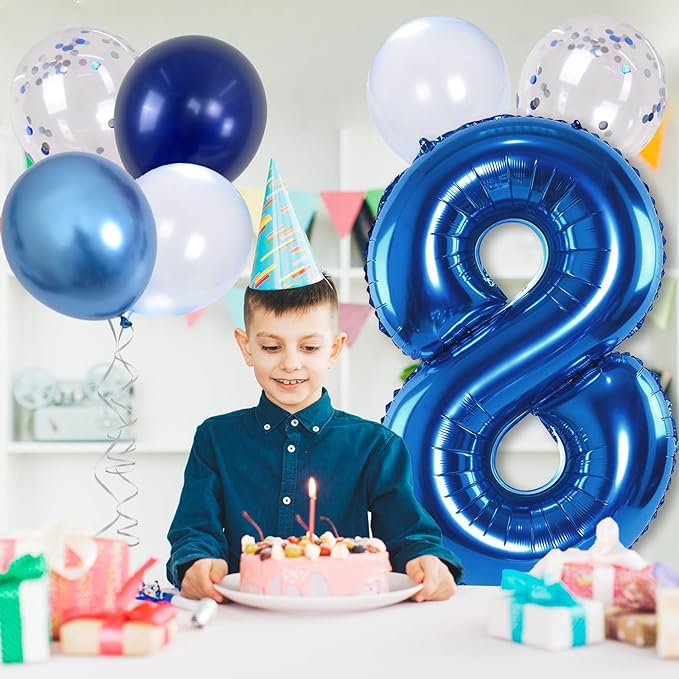 Giant Number Foil Balloon 8, Dark Blue Self Inflating 8th Birthday Balloon for Boys, 40'' 8 Balloon Light Navy Blue with Metallic Blue Silver Confetti Balloon for Anniversary Party Decoration Supplies