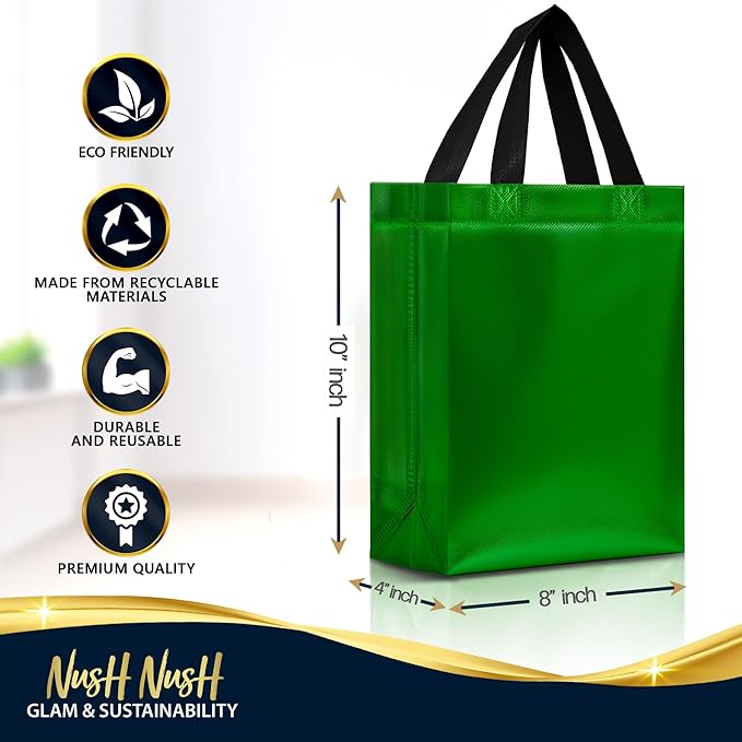 Nush Nush Set of 60 Shiny Green Gift Bags Bulk - Medium Size Reusable Gift Bags with Handles - Ideal for Small Business, Birthday Party Favors, Christmas, Weddings, Baby Shower Goodies - 8Wx4Dx10H