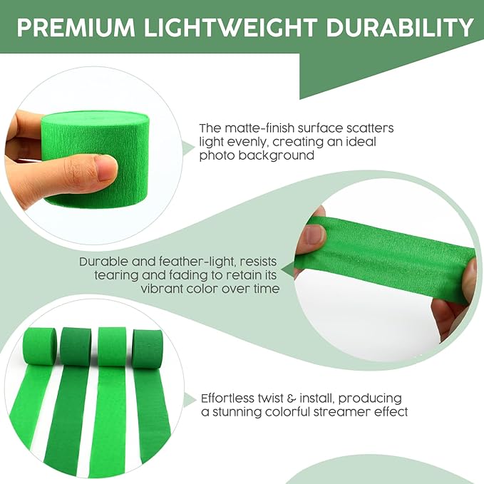 4 Rolls Crepe Paper Green Series Streamers – Perfect for Streamers St Patrick's Day Party Decorations, Wedding, Birthday, St Patrick's Day Decor, and DIY Craft Supplies(1.8 Inch x 82 Ft/Roll)